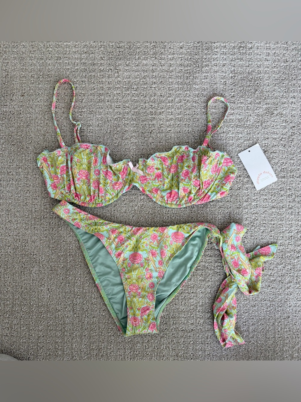 Dippin Daisys Floral Green & Pink Ruffle Bikini Set